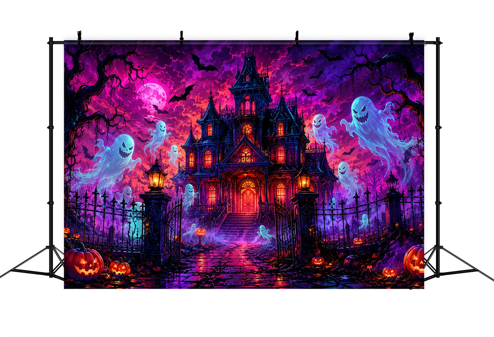Halloween Cardboard Backdrops Neon Ghost Mansion Night Halloween Photography Backdrop LXX67-76