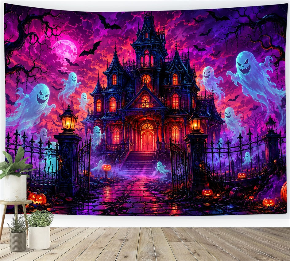 Halloween Cardboard Backdrops Neon Ghost Mansion Night Halloween Photography Backdrop LXX67-76