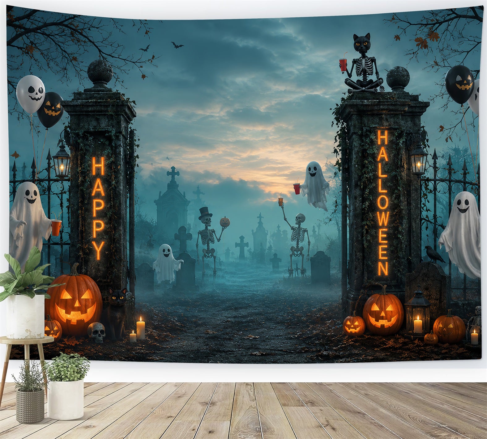 Halloween Graveyard Backdrops Ghost Skeleton Cemetery Gate Photo Booth Halloween Backdrop LXX67-79