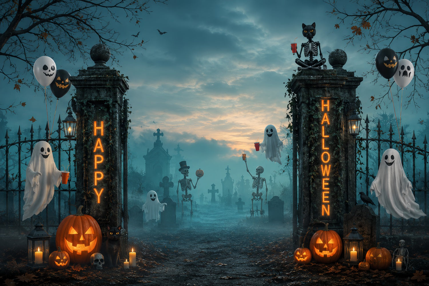Halloween Graveyard Backdrops Ghost Skeleton Cemetery Gate Photo Booth Halloween Backdrop LXX67-79