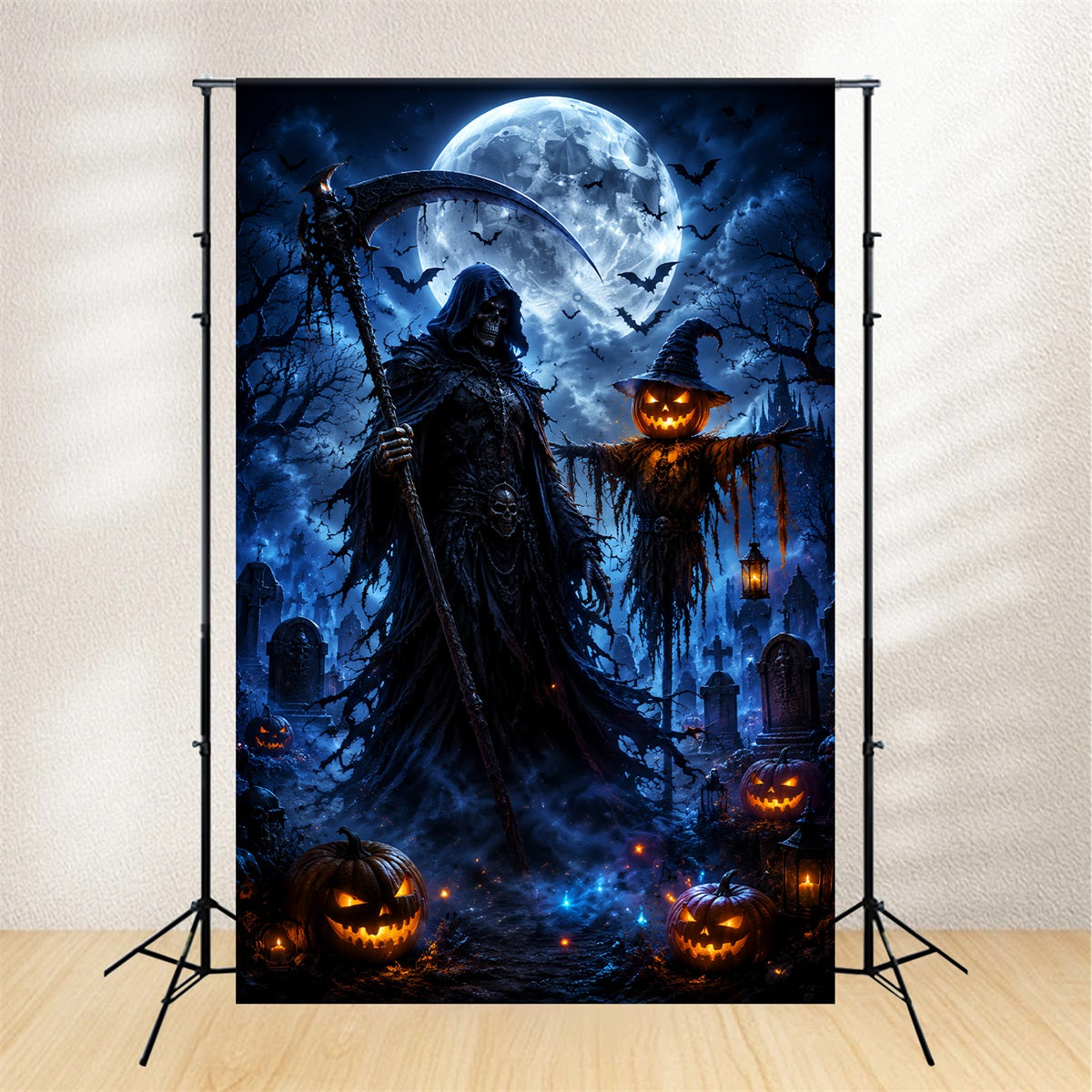 Halloween Moon Backdrop Grim Reaper Scarecrow Graveyard Halloween Photo Backdrops LXX67-8