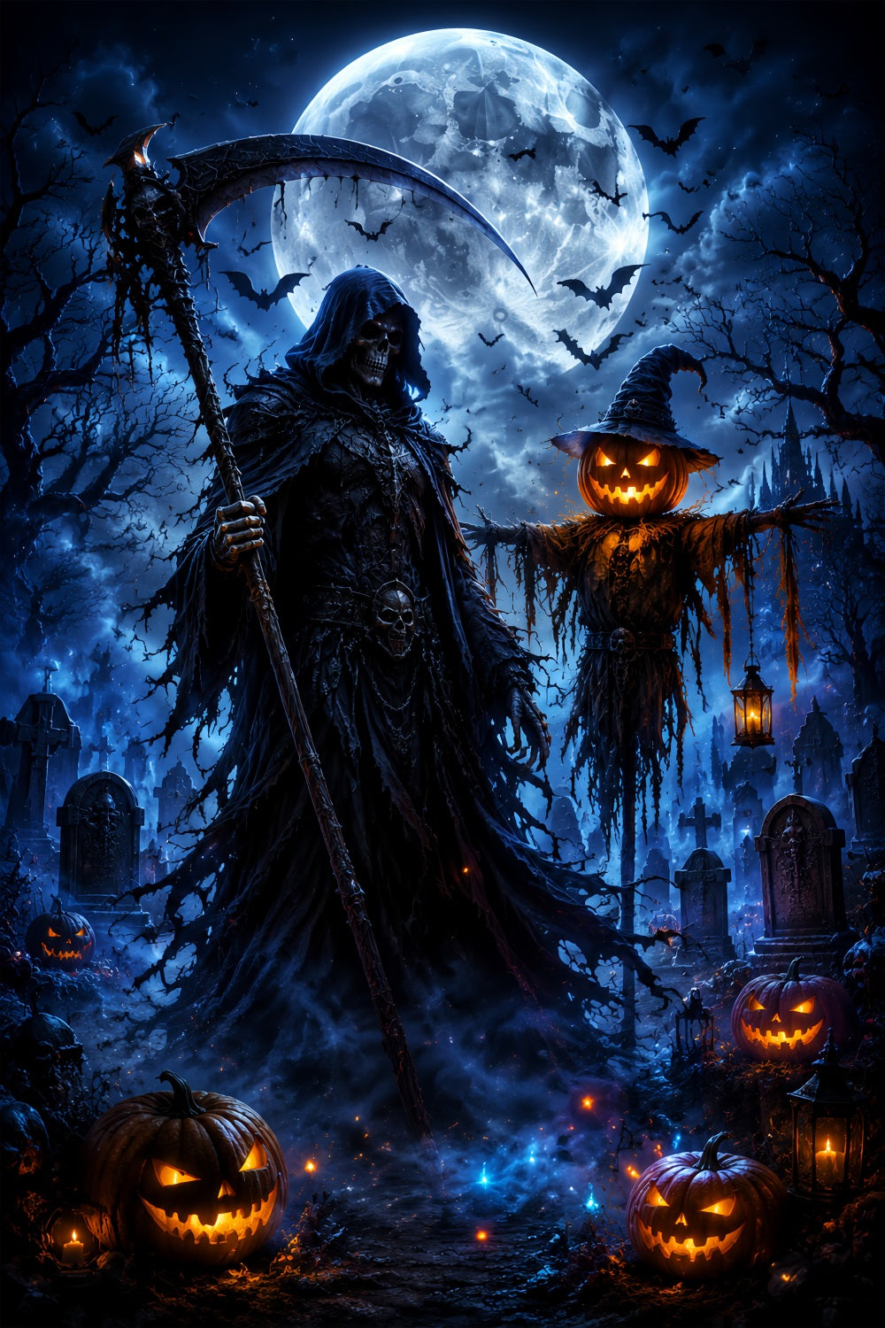 Halloween Moon Backdrop Grim Reaper Scarecrow Graveyard Halloween Photo Backdrops LXX67-8