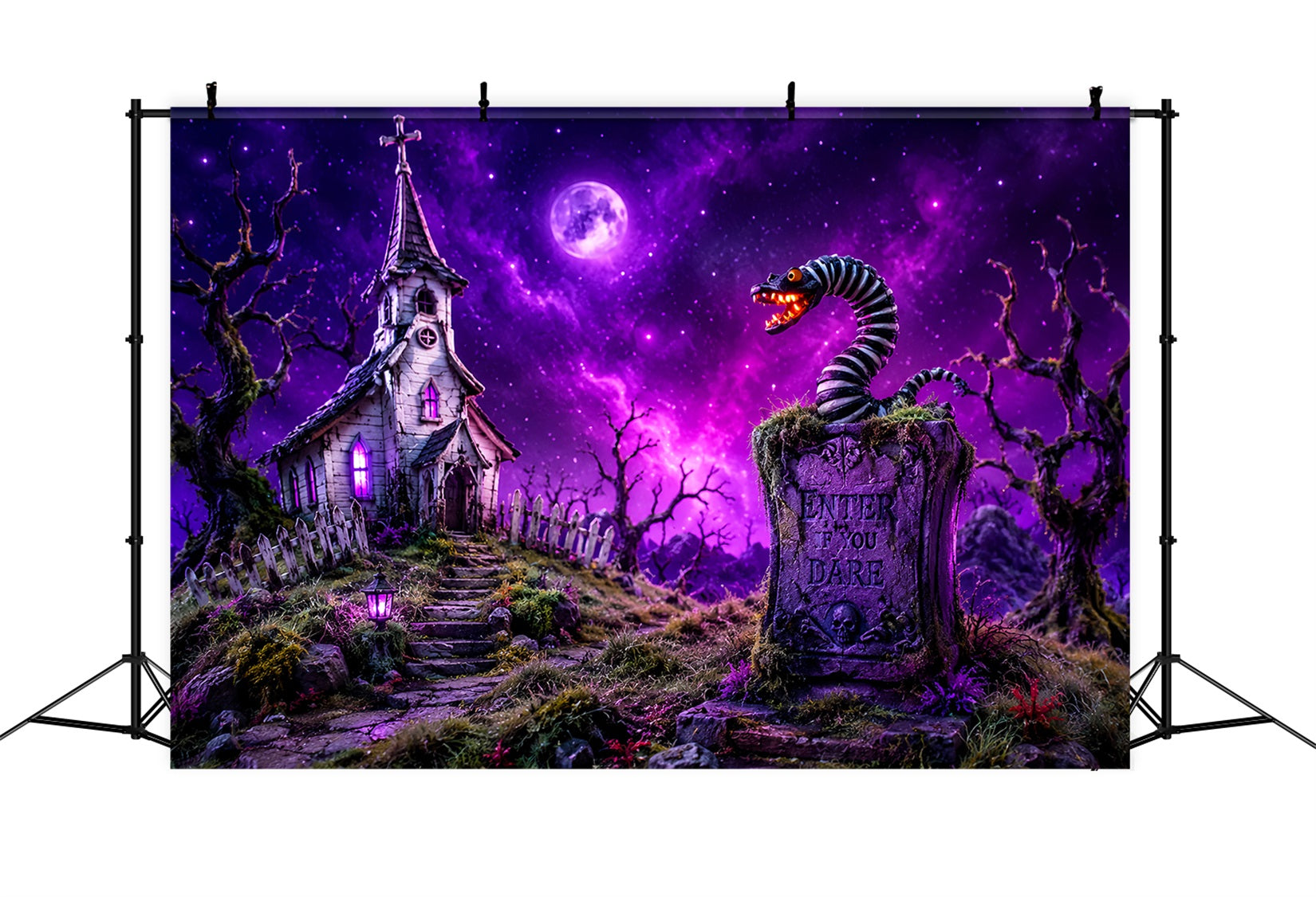 Halloween Spooky Backdrop Purple Church Serpent Tombstone Spooky Halloween Backdrops LXX67-81