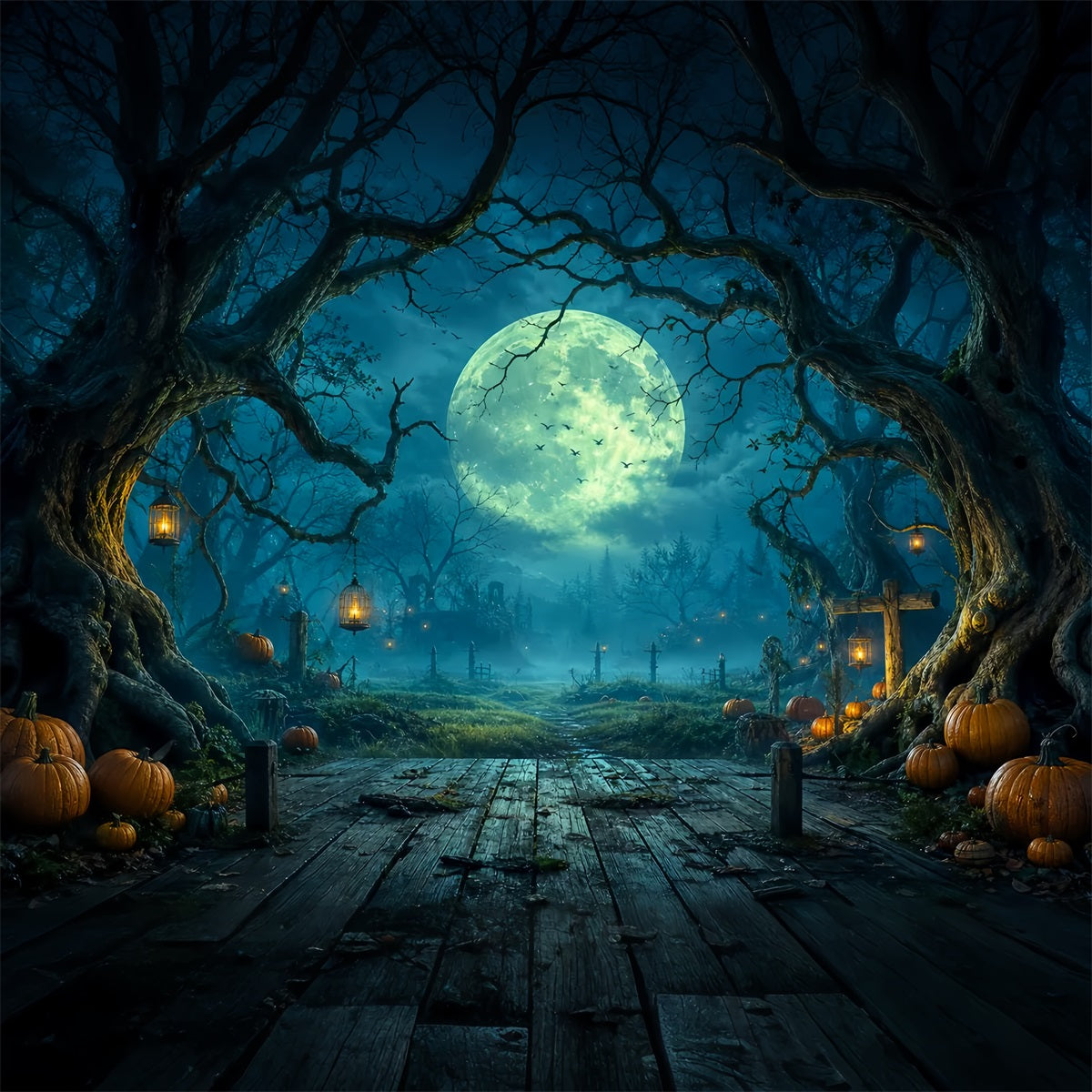 DIY Halloween Backdrop Ideas Moonlit Forest Pumpkin Path Scary Backdrops For Halloween LXX67-87