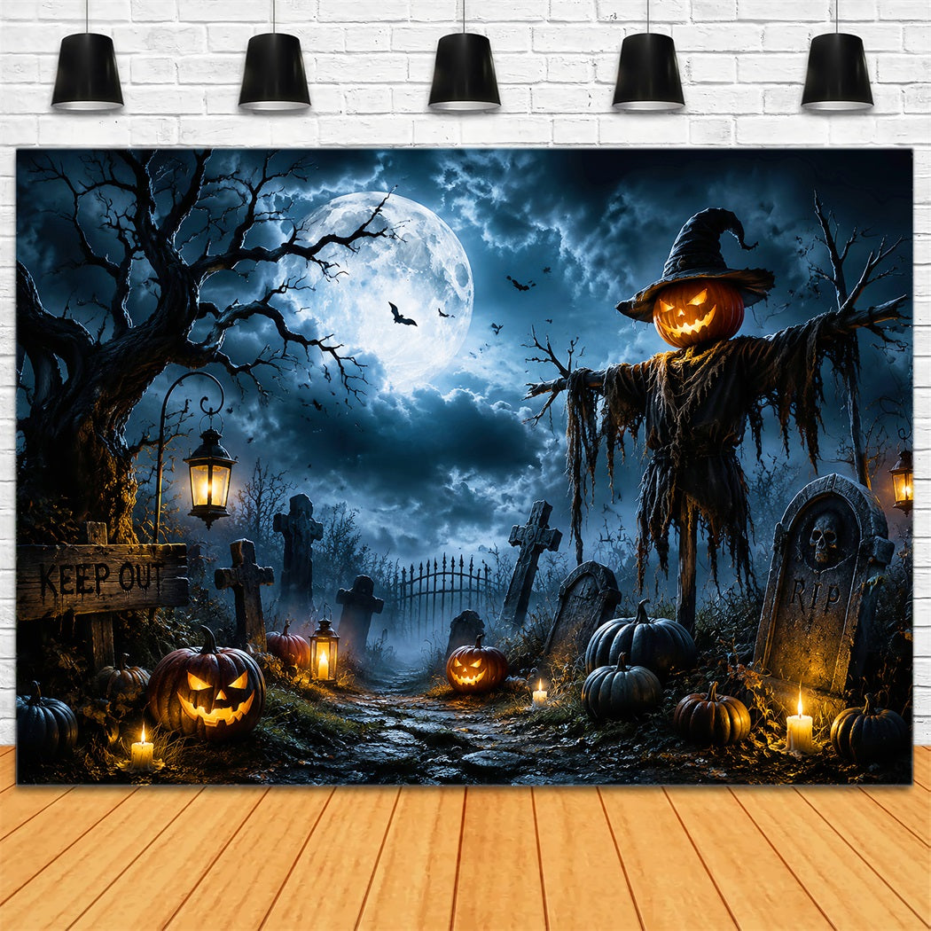 Outdoor Halloween Backdrop Moonlit Pumpkin Scarecrow Graveyard Spooky Halloween Backdrop LXX67-9