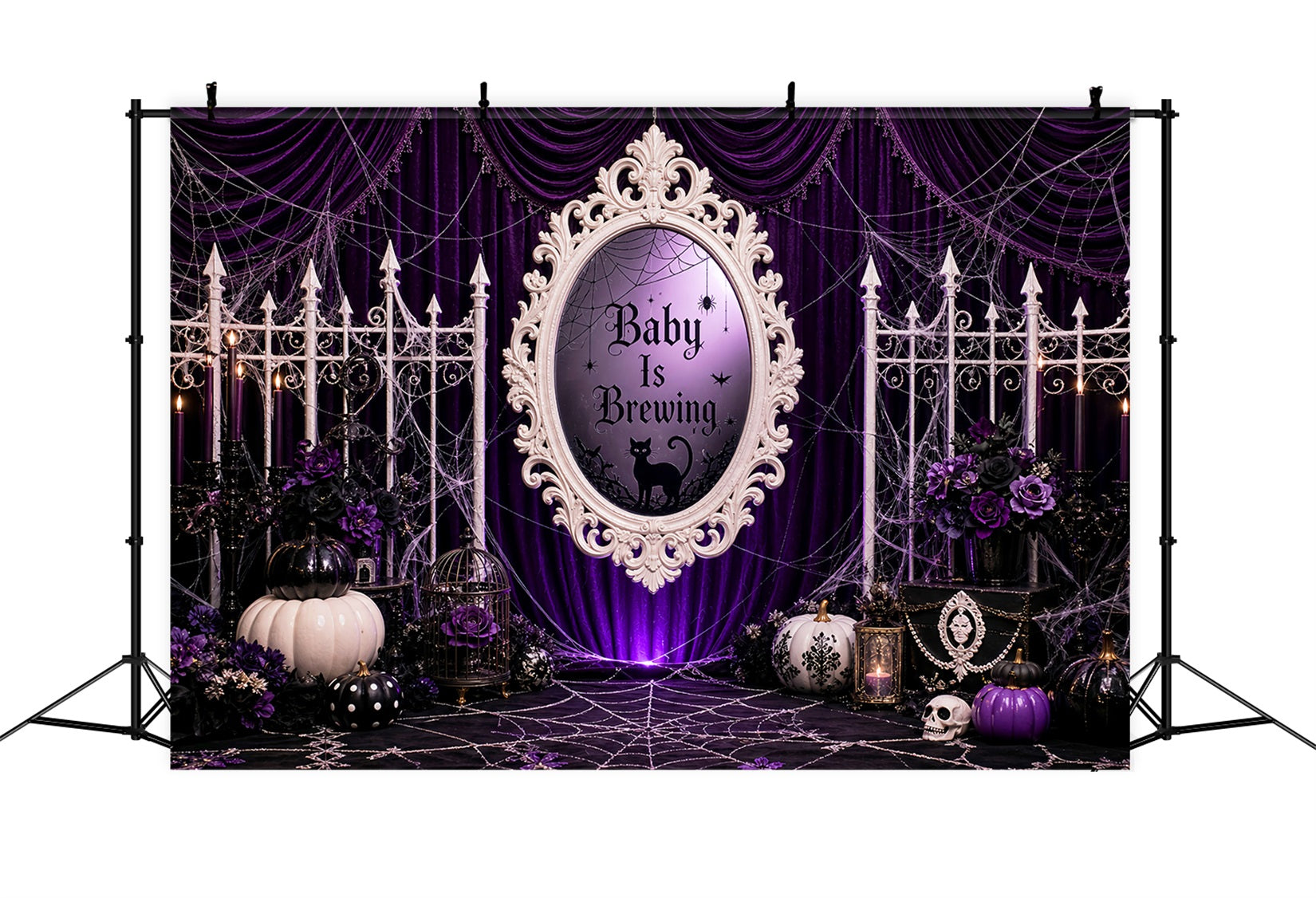 Halloween Baby Shower Backdrop Purple Curtain Witch Pumpkin Photography Halloween Backdrop LXX67-92