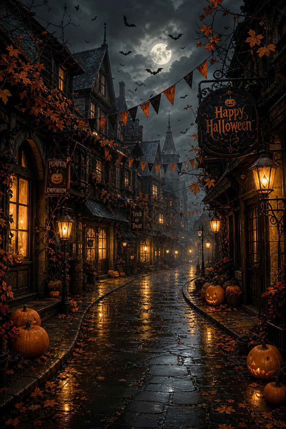 Photography Backdrops Halloween Moonlit Pumpkin Village Street Halloween Town Backdrop LXX67-93