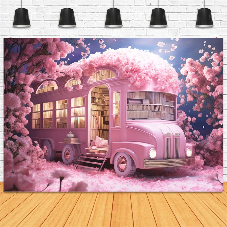 Flowers Surrounding Book-Filled Pink School Bus Backdrops M1-07 – Dbackdrop
