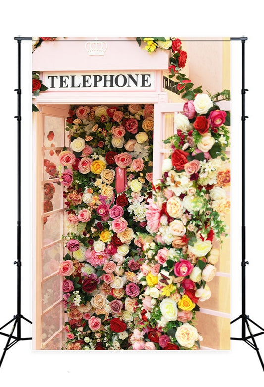 Romantic Pink Phone Booth Filled With Flowers Backdrop M1-13