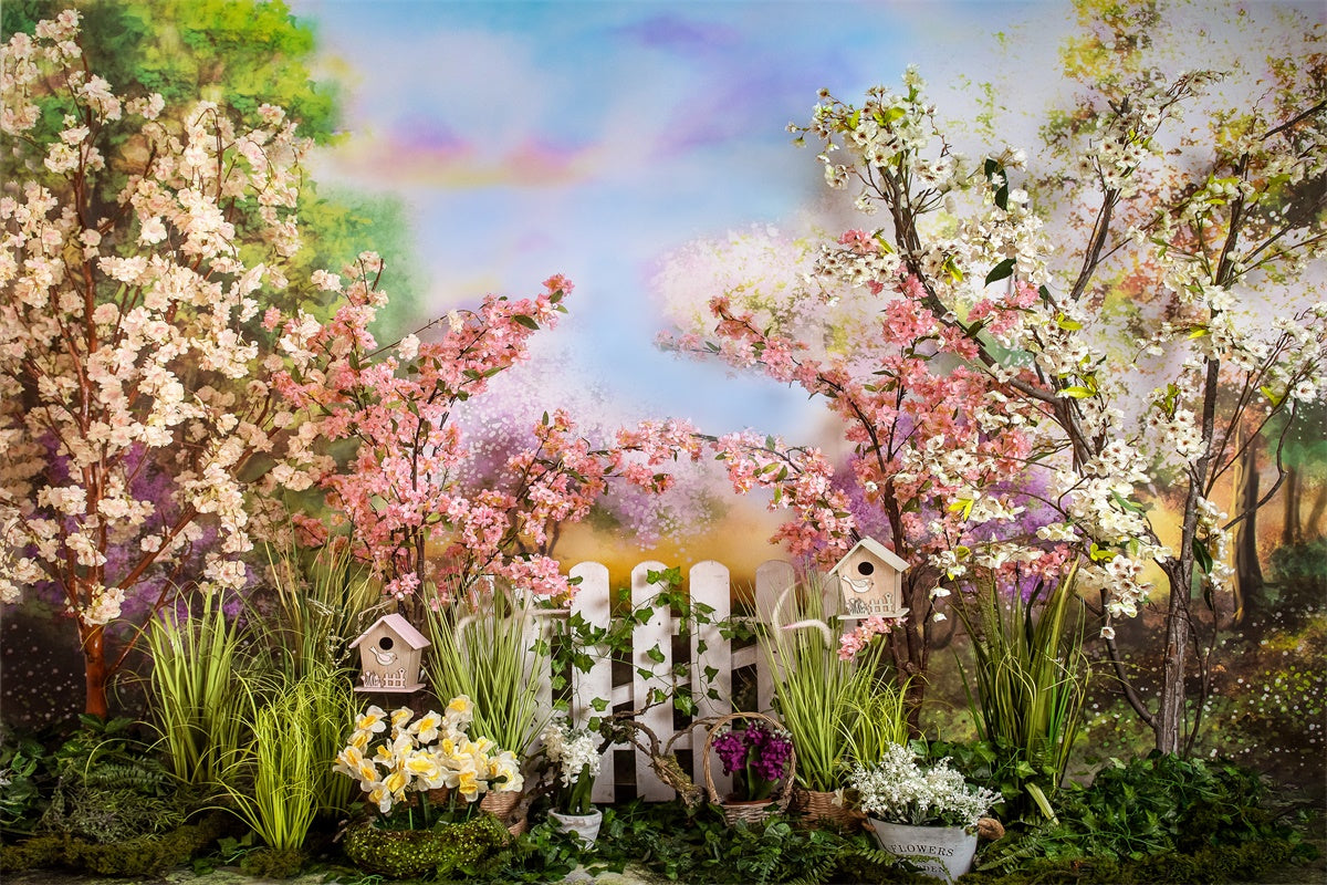 Spring Rainbow Color Cloud Cherry Blossom White Fence Backdrop M1-40 ...