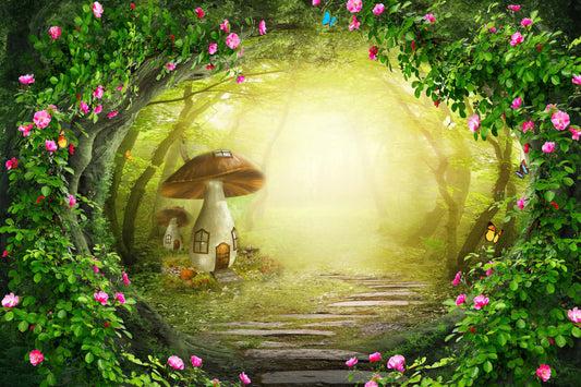 Fairytale Cartoon Flowers Butterflies Surrounding Forest Mushroom House Backdrop M1-78