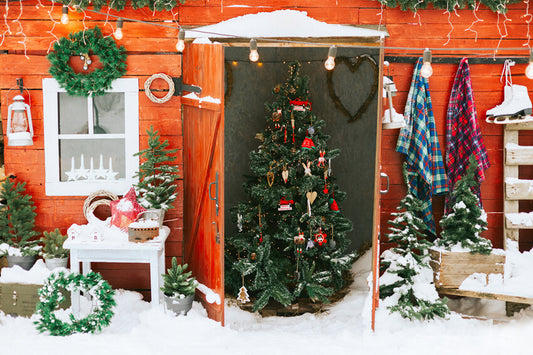Christmas Tree Door Wreath Snow Backdrop