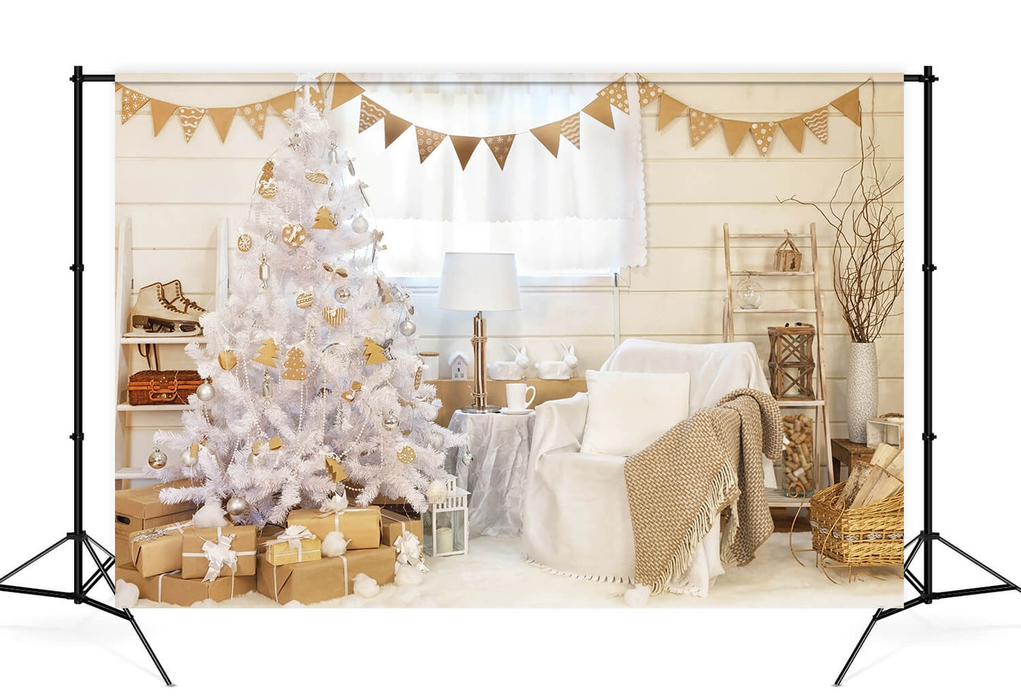 White Christmas Tree Decorated Room Backdrop M10-05