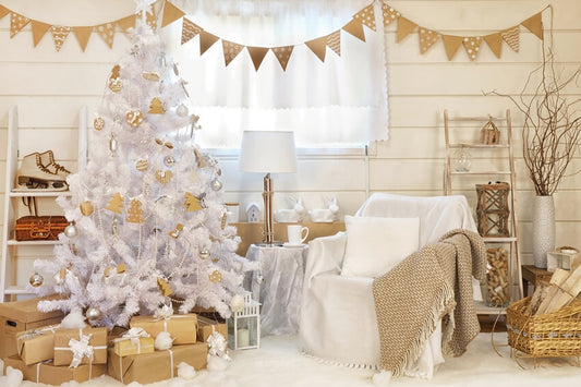 White Christmas Tree Decorated Room Backdro