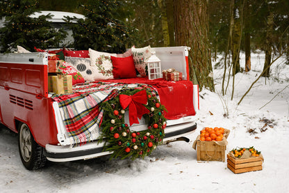 Red Christmas Truck Snowy Forest Backdrop