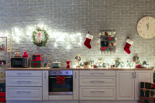 White Kitchen with Decorations Christmas Backdrop