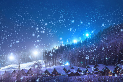 Winter Snow Village Forest Night View Backdrop