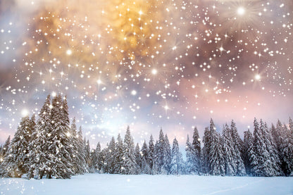 Snow Winter Fir Trees Twinkling Stars Backdrop
