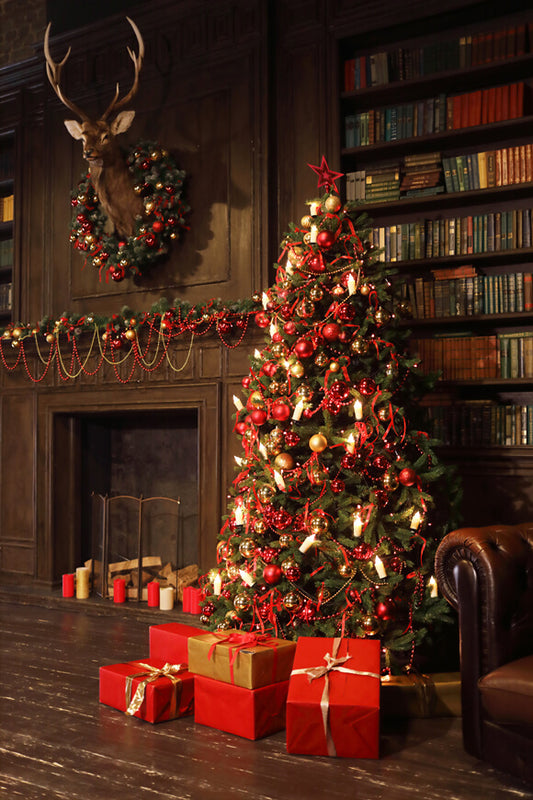 Christmas Tree Gifts Decorated Fireplace Backdrop