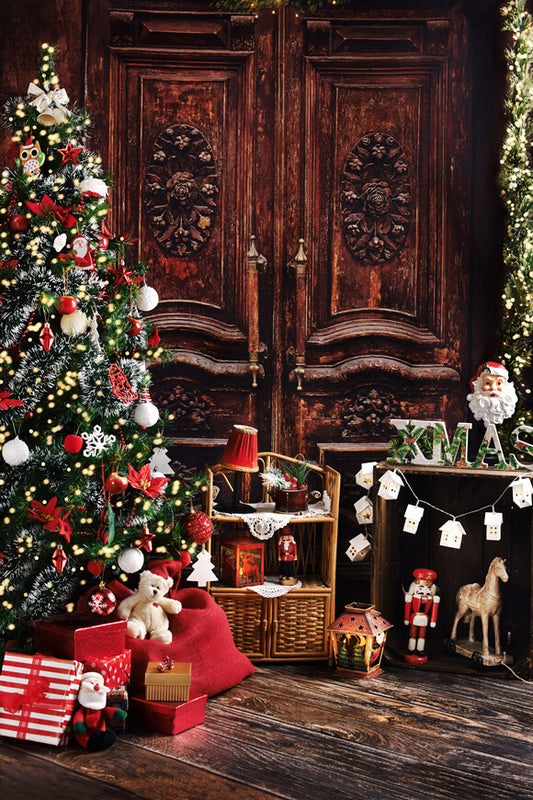 Vintage Room Door Christmas Tree Gifts Backdrop 