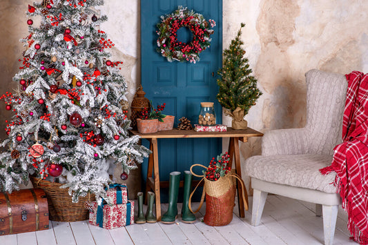 Christmas Tree Wreath White Chair Backdrop