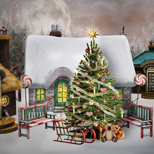 Candy Gingerbread House Christmas Backdrop 