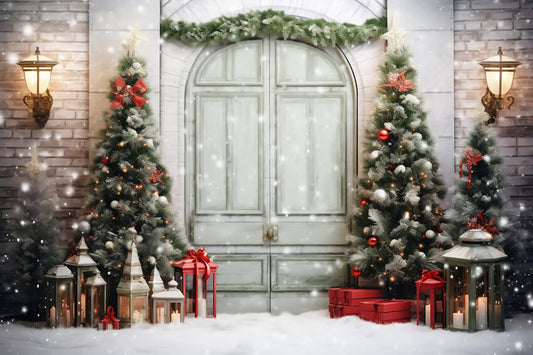 Christmas Trees Snowy Door Wall Backdrop
