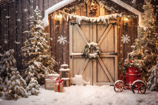 Christmas Rustic Wooden Door Snow Backdrop