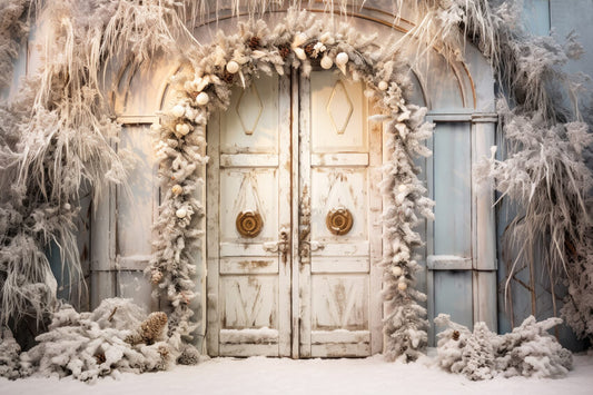 Winter Christmas Rustic Door Photo Backdrop 