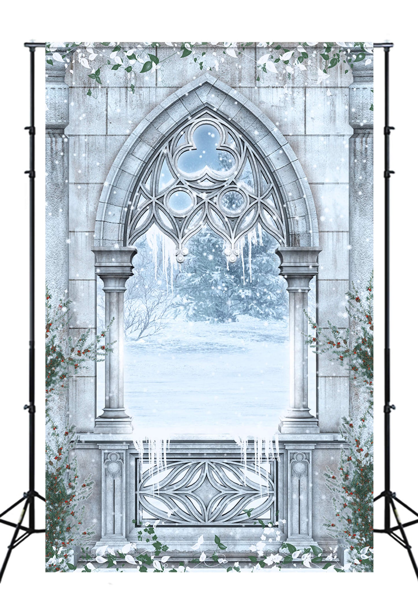 Snowy Winter Fairytale Garden Window Backdrop M11-01