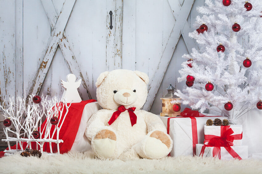 Christmas Tree Toy Bear Barn Door Backdrop