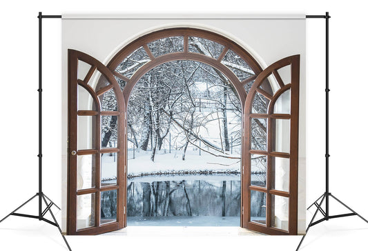 Wooden Arched Window Winter Forest Backdrop M11-24