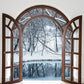 Wooden Arched Window Winter Forest Backdrop