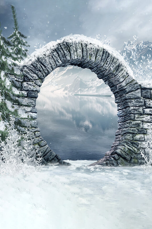 Winter Snow Mountain Lake Stone Arch Backdrop