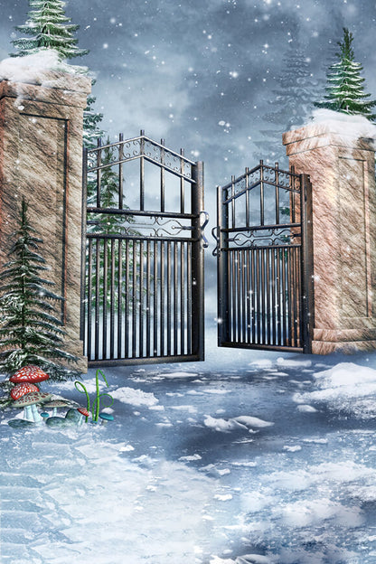 Fantasy Winter Snow Gate Forest Backdrop