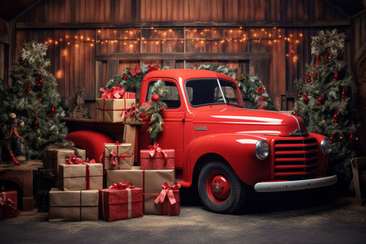 Christmas Gift Red Truck Backdrop for Photography