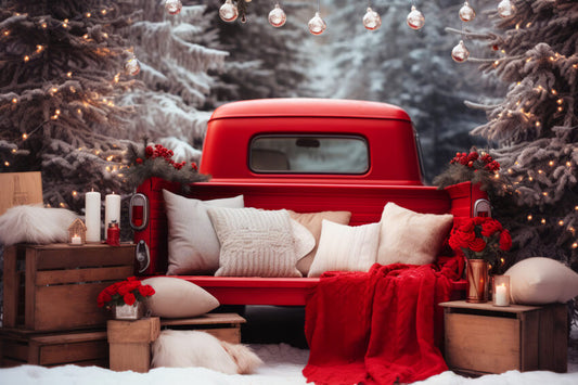 Vintage Christmas Red Car Snowy Forest Backdrop 