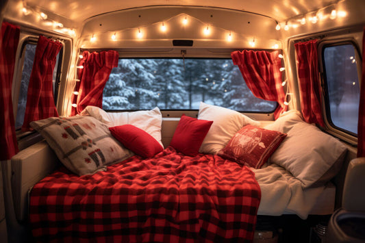 Christmas Decorated Red Camper Van Backdrop