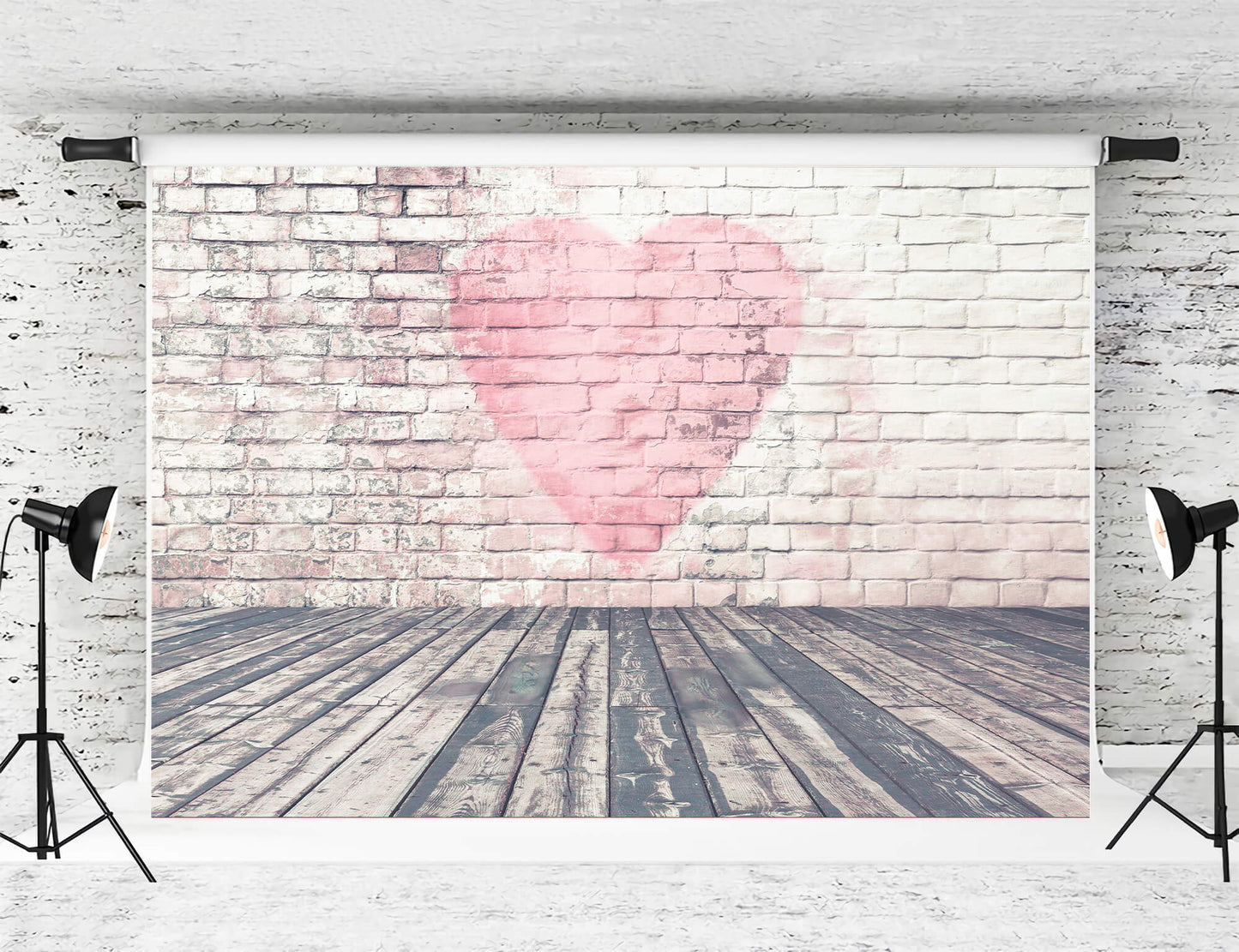 Valentine's Day Dappled Brick Wall Pink Big Heart Wooden Floor Backdrop M12-28