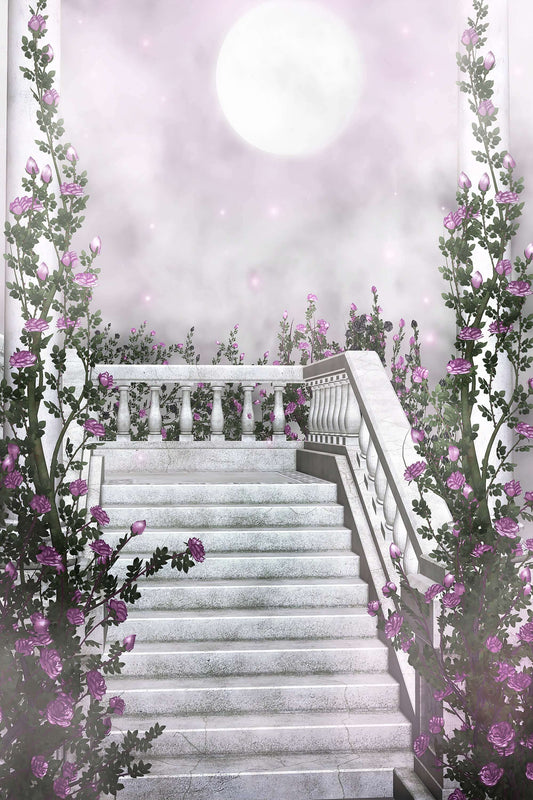 Mysterious Moonlight Mist Shrouded Marble Steps Purple Flower Vine Backdrop M2-19