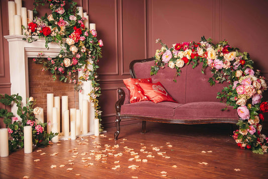 Dark Red Line Wall Candelabra Fireplace Surround Flowers Elegant Sofa Backdrop M2-25