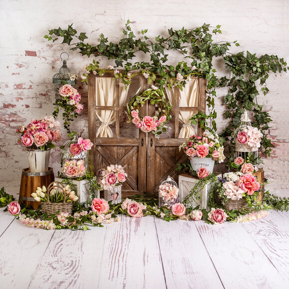 Pink Flowers Green Leaves Spring Backdrop M5-144 – Dbackdrop