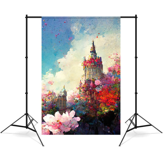 Garden Floral Castle Oil Painting Backdrop