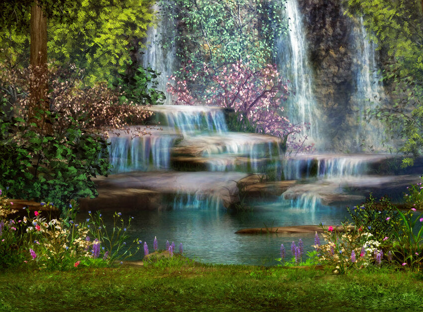 Summer Waterfall Forest Nature Scenery Backdrop 