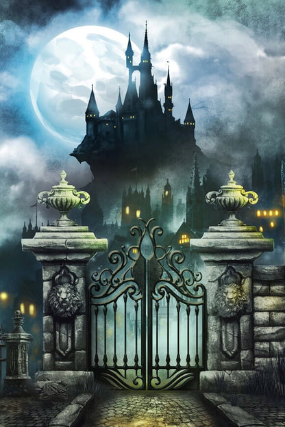 Halloween Full Moon Night Horror Mansion Backdrop