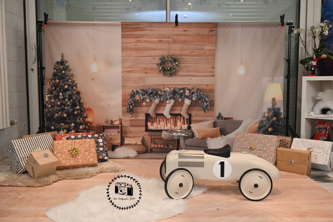 Christmas Tree Fireplace Room Interior Backdrop M6-140