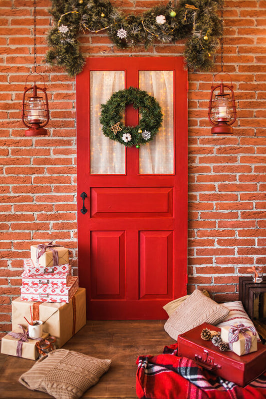 Christmas Decorated Front Door Wreaths Backdrop 