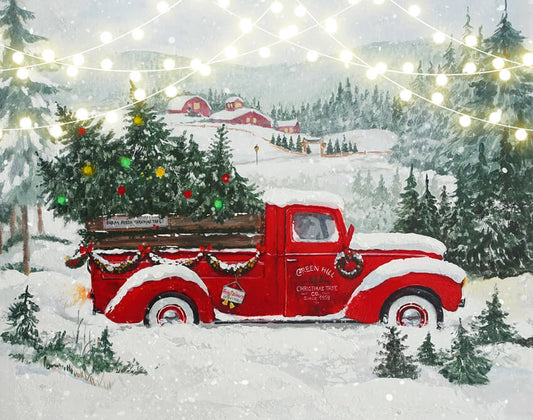 Christmas Red Truck Snowy Forest Tree Backdrop M6-148