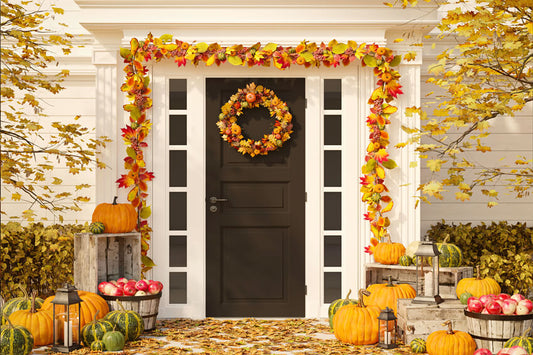 Front Door Maple Leaves Pumpkin Fall Backdrop