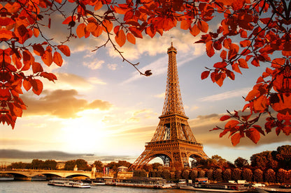 Eiffel Tower Maple Leaves Sunset Scenery Backdrop